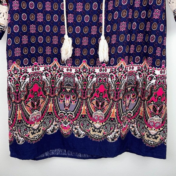 Entro Anthropologie Boho Print Lace Up Tassel Tie Tunic Shift Dress Blue Women S - Picture 3 of 6